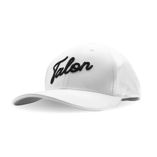 White baseball cap with black embroidered script logo 'Talon' and perforated side panels