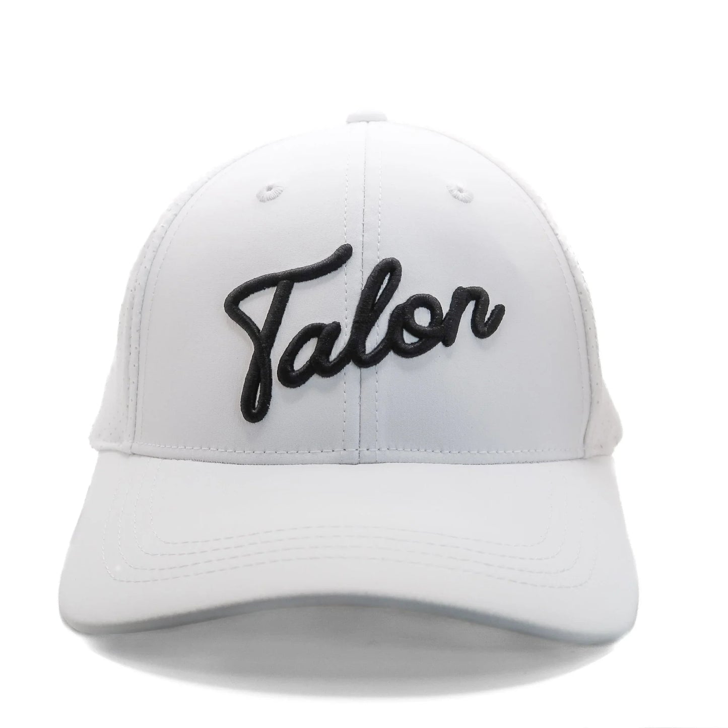 White baseball cap with black embroidered script logo reading 'Talon', curved brim