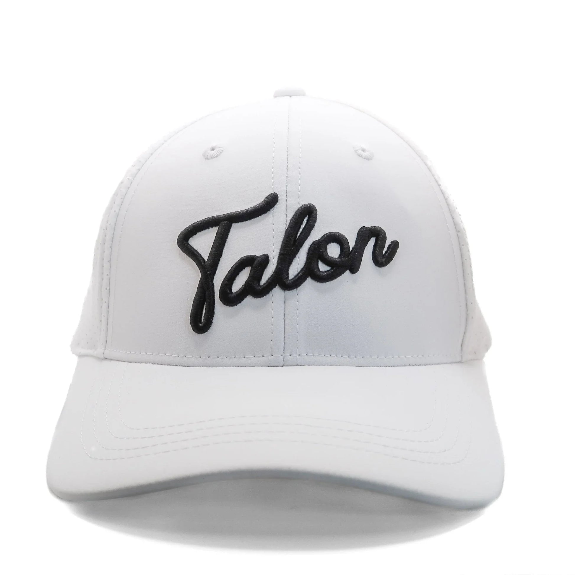 White baseball cap with black embroidered script logo reading 'Talon', curved brim