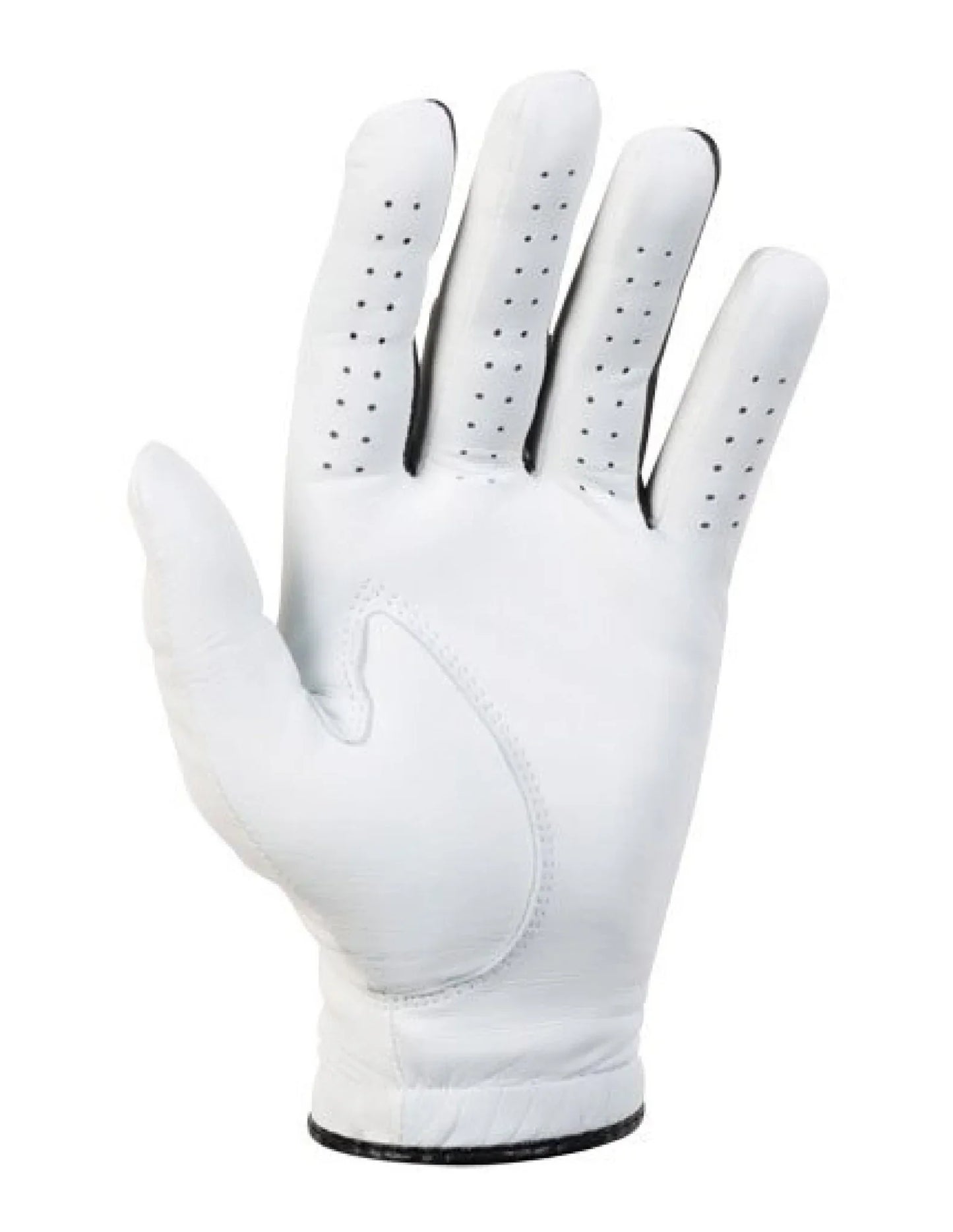 White women's golf glove with perforated fingers and black trim on wrist