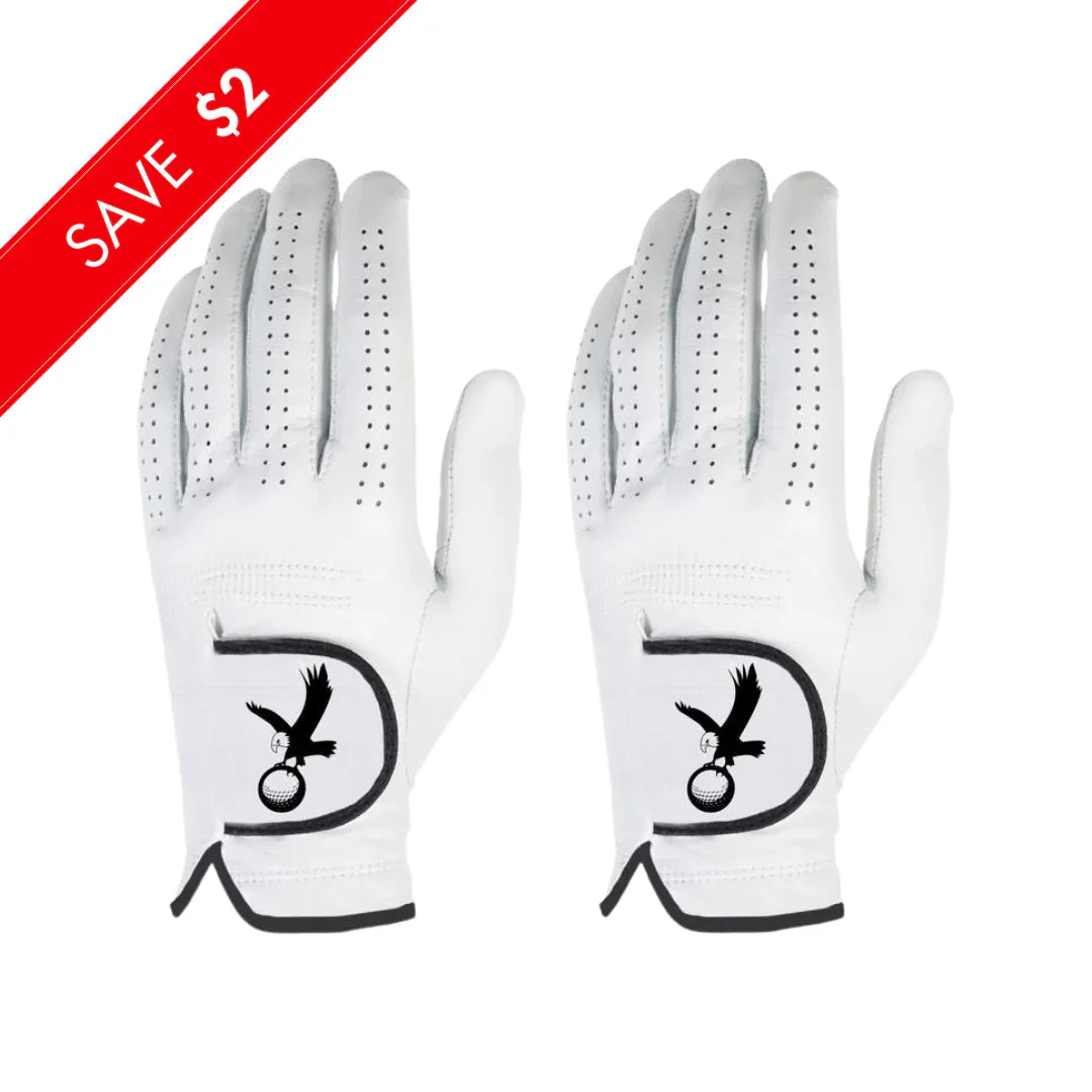 Pair of white women's golf gloves with black eagle logo and perforated fingers, save $2 promotion