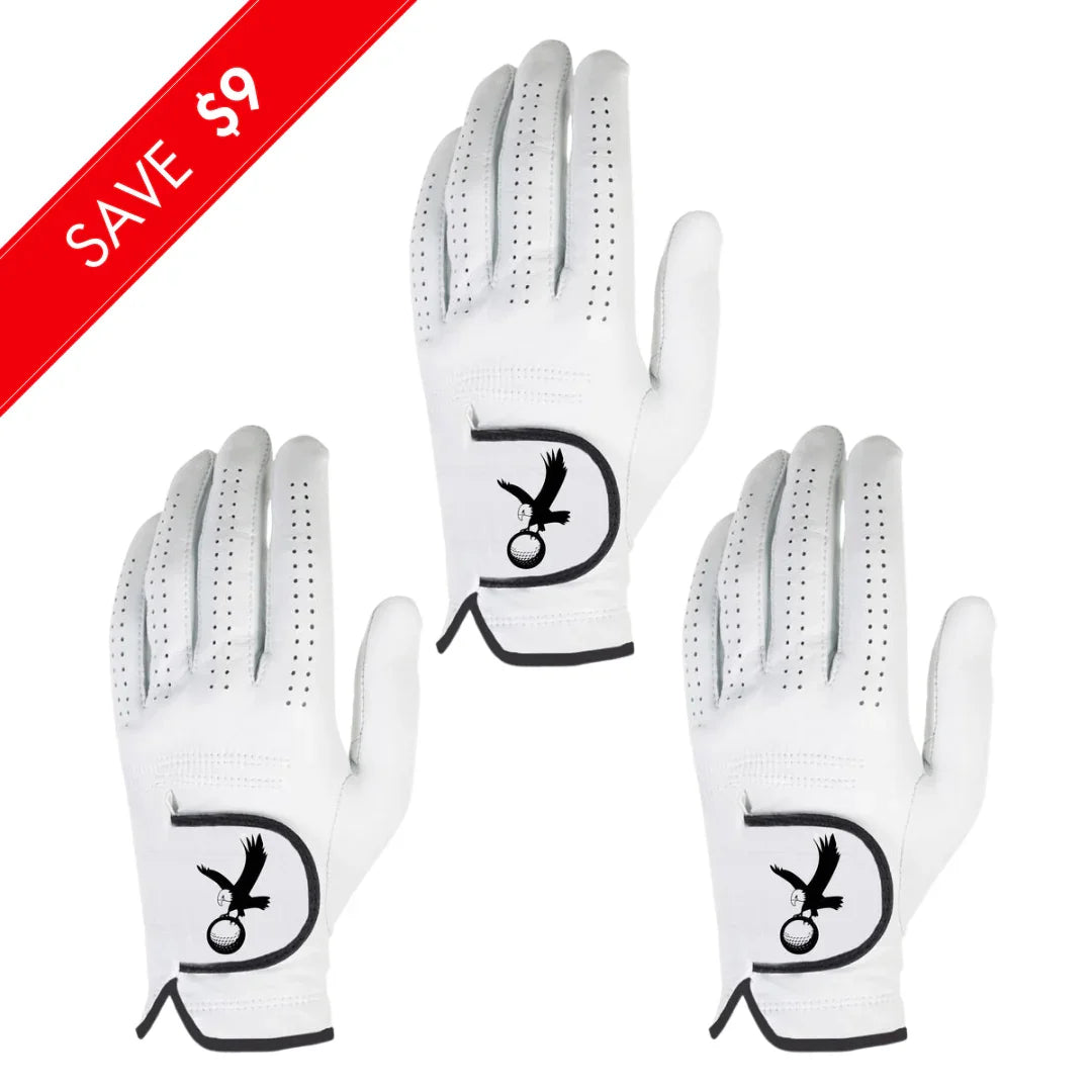Three white women's golf gloves with eagle logo and black trim, perforated fingers, and $9 off sale banner