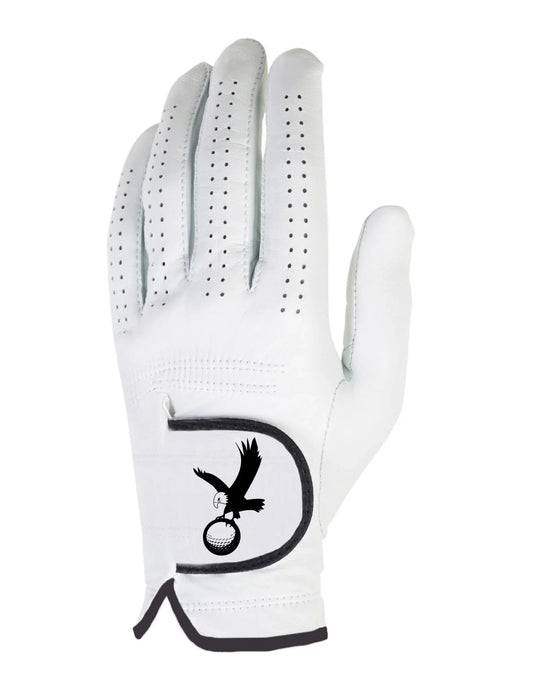 White women's golf glove with perforated fingers and black eagle logo holding a golf ball