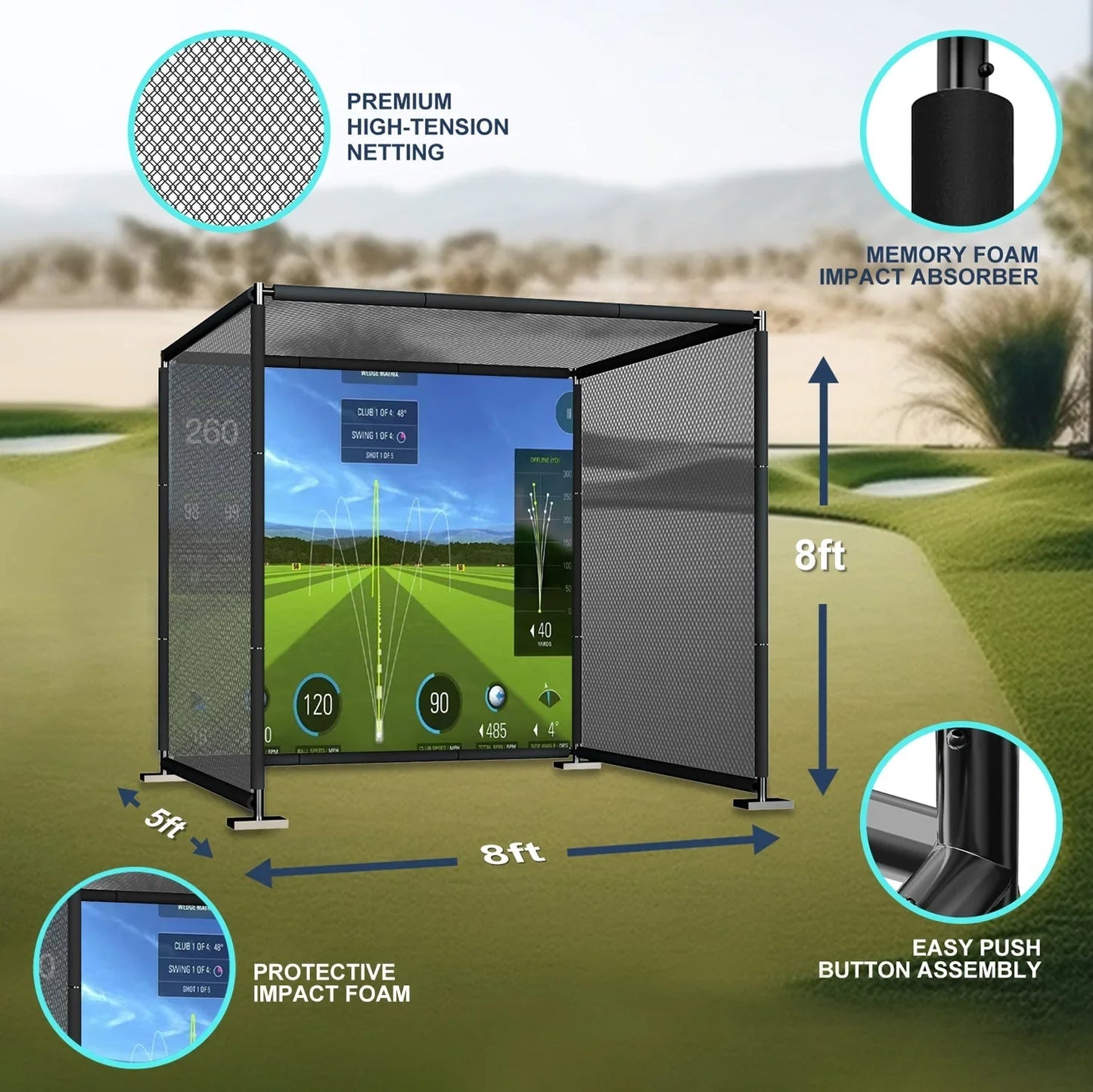 Yunic golf driving cage with metal frame, high-tension netting, and simulator impact screen
