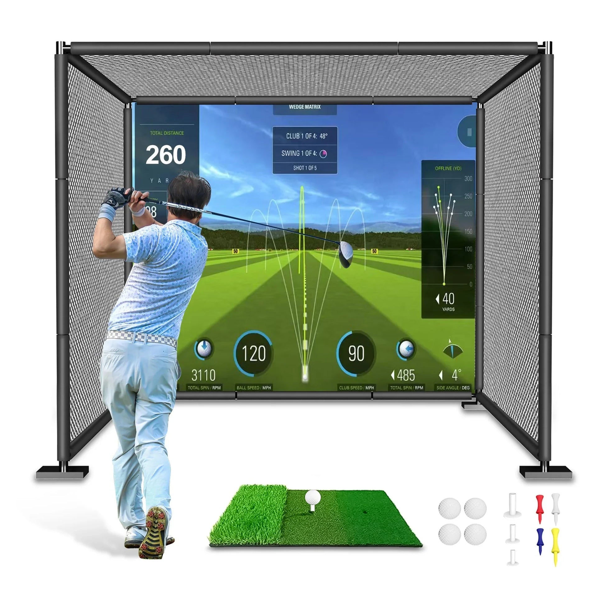 Golfer using metal frame golf driving cage with impact screen and swing simulator outdoors