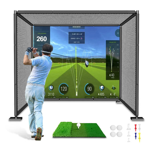 Golfer using metal frame golf driving cage with impact screen and swing simulator outdoors